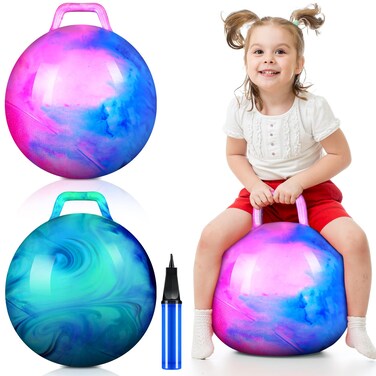 Lewtemi 2 Pcs Bounce Balls with Handles Space Hopper Ball Sit and Bouncy Ball with Air Pump for Indoor Outdoor Gifts for Kids(18 Inch)