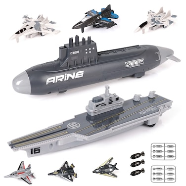 Crelloci Aircraft Carrier Military Naval Ship Toy Play Set with Small Scale Model Planes Fighter Jets, Battleship and Supply Ship for Kids Boy Girl Age 5+ Party Favors Gifts