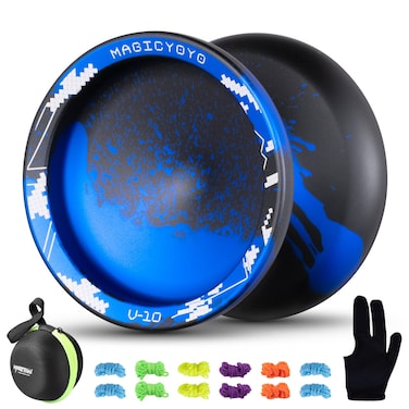 MAGICYOYO V10 Black Blue Unresponsive Yoyo Professional Finger Spin Yoyo with 12 Yoyo Strings, Yoyo Case, Yoyo Glove