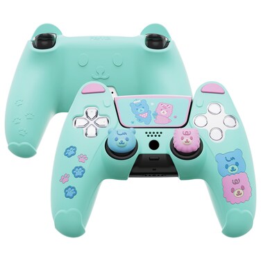 PlayVital Cute Bear Controller Silicone Case for ps5, Kawaii Controller Cover Compatible with Charging Station, Gamepad Skin Protector for ps5 with Touch Pad Sticker &amp; Thumb Grips - Green &amp; Pink