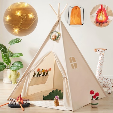 Tiny Land Kids-Teepee-Tent with Lights &amp; Campfire Toy &amp; Carry Case, Natural Cotton Canvas Toddler Tent - Washable Foldable Teepee Tent for Kids Indoor Tent, Outdoor Play Tent for Girls &amp; Boys