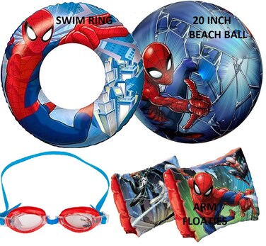 Spider Swim Set Floaties Bundle for Boys/Girls - 4 Pc Pool Set with Swim Ring, Arm Floats, Beach Ball and Goggles (Spider)