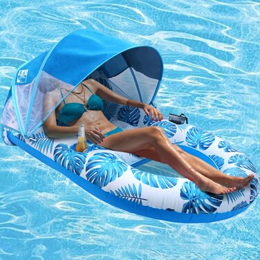 COOLCOOLDEE Pool Lounge Float with Canopy UPF50+,Extra Large Pool Floats for Adults Heavy Duty,Inflatable Lounger Float with Cup Holder &amp; Backrest,Footrest
