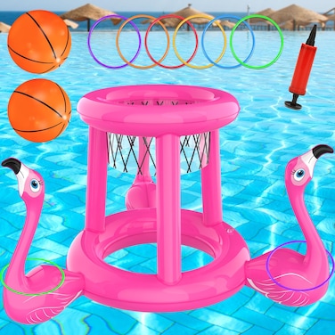 Pool Toys Pool Floats Pool Games for Kids Adult, Inflatable Pool Basketball Hoop &amp; Ring Toss Game, 2-in-1 Pool Floating Outdoor Party Water Toy for Adults Family Kids Ages 4-8-12 (Pink-1)