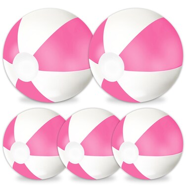 Whaline 5Pcs Inflatable Beach Ball 24 &amp; 16 Inch Round Pool PVC Balls Cute Game Toys for Summer Hawaiian Tropical Theme Beach Party Decorations Water Sand Game Accessory (Pink and White)