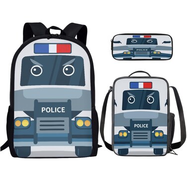 PCSJRKG Police Bus Backpack Set with Lunch Bag and Pencil Bag, Cartoon Police Bus Backpack for Kids Lightweight Bookbag for Boys and Girls, Primary Middle School Students Schoolbag Set