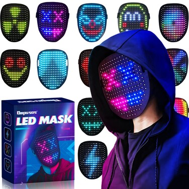 Ompusos Led Mask, Light Up Mask with Gesture Sensing, LED Lighted Face Transforming Halloween Mask, Costume Cosplay Party Masquerade