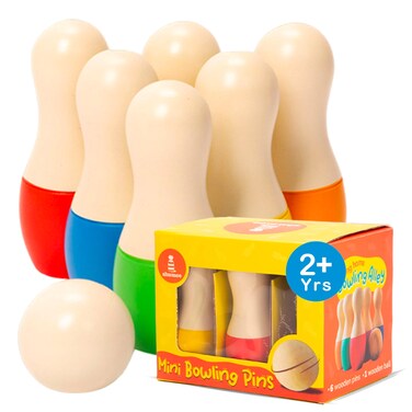 Shumee Wooden Bowling Set for 2 3 4 5 6+ Year Old Kids   Indoor Toddler Toys   Gifts   Family Party Games   Holiday   6 pins &amp; 1 Ball   Child Safe &amp; Non Toxic