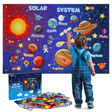 OKOOKO Solar System Felt Story Board Set 41PCS 43x29inch Outer Space Universe Storytelling with Hooks Astronaut Planets Galaxy Preschool Craft Early Learning Interactive Play Kit for Toddlers Kids