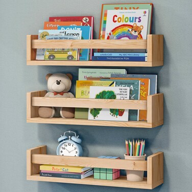NATURE SUPPLIES Nursery Book Shelves, Set of 3 Floating Bookshelves for Wall for Nursery Decor &amp; Playroom Decor, Bookshelf Kids, Baby Book Shelf Organizer (Natural Wood)