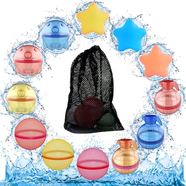 Reusable Water Balloons For Kids - Multiple Shapes Pack of 12 Refillable Water Balloons- Silicone Splash Balls for Outdoor Fun, Games &amp; Parties
