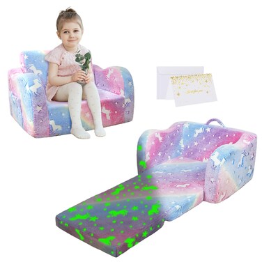 PLYFOU 2-in-1 Kids Sofa, Toddler Chair for 2 Seats,Convertible Children Couch to Lounger,Kids Chairs Comfy Toddler,Folding Kids Play Sofa for Girl or Boy(Glowing Rainbow)