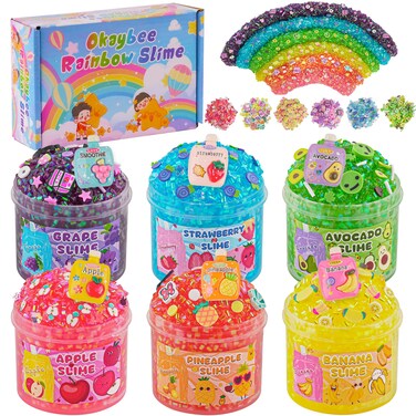 Okaybee 6 Pack Bingsu Crunchy Slime Kit, Rainbow Slime for Kids, with Cute Slime Charms &amp; Add-ins, Slime Party Favors Sensory Toys, Holiday Birthday Easter Hallowmas Christmas Girls Gift &amp; Boys Gift