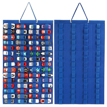 JOYMOMO Hanging Storage Organizer for Toy Cars Felt Display Case Hold Up 60 Toy Cars (Without Accessories)(Blue)