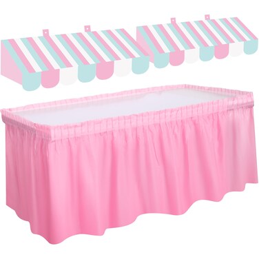 Tallew 3D Circus Awning Wall Decorations and Stripe Table Skirts Cardboard Awning Tent Decors for Doors Window Classroom Concession Room Carnival Circus Party Decorations (Pink Blue White,3 Pieces)