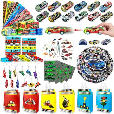 VAMWOGO Race Car Party Favors 110Pcs Car Themed Birthday Party Supplies Set Include Wristbands Race Cars Keychains Bracelets Bags Tattoo Stickers Pinata Filler