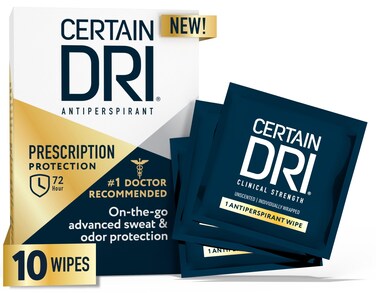 Certain Dri Antiperspirant Wipes for Excessive Sweating and Hyperhidrosis, Clinical Strength Protection Against Odor and Perspiration Lasting 72 Hours, Travel Friendly, Dermatologist Recommended, 10ct