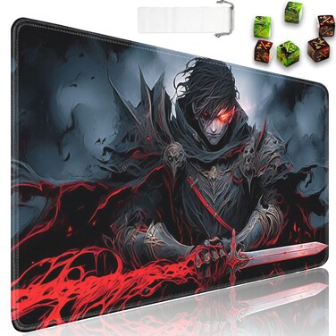for MTG Playmat + Drawstring Travel Pouch + 6 Dice Counter, for Tabletop Trading Card Game Playmats or Large Mouse Pad, Anti-Slip Rubber 24 x 14 in, Anime Warriors for TCG Playmat