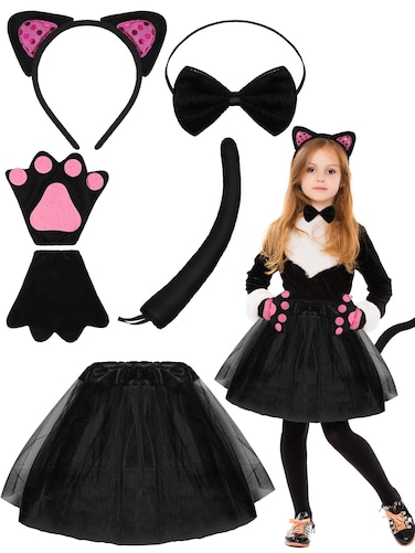 Newcotte 5 Pieces Black Cat Themed Costume Cat Ears Headband Bowtie Tail Gloves Tutu Shirt Halloween Girls Cosplay Set (Black)