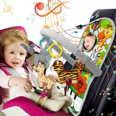 TOYMNI Car Seat Toys for Baby Toys 6 to 12 Months, Carseat Toys with Musical Pedal Piano, Baby Travel Toys with Baby Mirror and Squeaky Sensory Soft Infant Animal Toys, Baby Car Toys Rear Facing