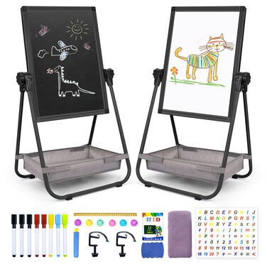 WEYOUNG Easel for Kids Easel for Toddlers, Adjustable Standingg Metal Toddler Easels Whiteboard &amp; Chalkboard for Kids, Magnetic Art Easel for Kids Age 2-4 4-8 9-12, Black