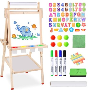 Joyooss Art Easel for Kids with Double-Sided Magnetic, Wooden Standing Kids Easel with Dry Erase Whiteboard &amp; Chalkboard, Height Adjustable Children Easel with Paper Roll, Bonus Toddler Art Supplies