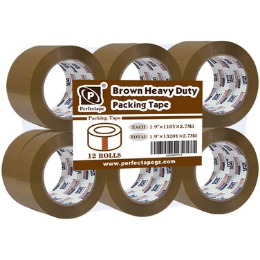 PERFECTAPE Heavy Duty Brown Packing Tape 12 Rolls, Total 1320Y, 2.7 mil, 1.88 inch x 110 Yards, Ultra Strong, Refill for Packaging and Shipping(Not Paper Tape)