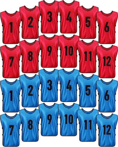 Yahenda 24 Pcs Sports Pinnies Soccer Scrimmage Practice Vests Numbered Soccer Team Pennies with Belt for Adult(X-Large,Red, Blue)