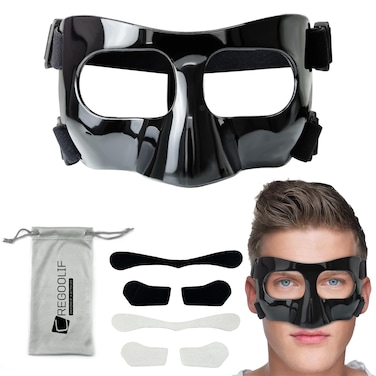 CREGOOLIF Nose Guard for Broken Nose,Protective Face Masks for Basketball and Soccer Sports,Adjustable Face Mask with Foam Padding for Men and Women, Black