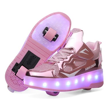 YTFCstep Roller Skate Shoes for Boys and Girls Kids LED Light Up Fashion Sneakers with Rechargeable and Detachable Wheels The Gift for Party Birthday Christmas Day,1 Big Kid,Pink