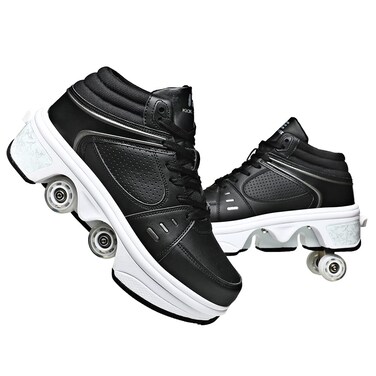 KOFUBOKE 2-in-1 Roller Skates &amp; Sneakers Unisex Retractable Wheels Outdoor Fun &amp; Fitness Kick Roller Shoes (Black, 10)
