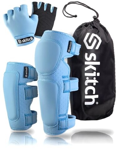 SKITCH Skateboard Protective Safety Gear Set for Kids Teens   Premium Lycra Sport Knee Pads + Elbow Pads + Padded Gloves + Carry Bag   Scooter Roller Skate Inline Skating Rollerblading   Cool Blue (S)