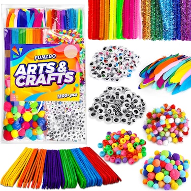 FUNZBO 1200pcs+ Arts and Crafts Supplies for Kids - Craft Kits with Pipe Cleaners, Pom Poms for Crafts, Popsicle Sticks for Crafts, Crafts for Kids Ages 4-8, Birthday Gifts for Kids, Girls &amp; Boys