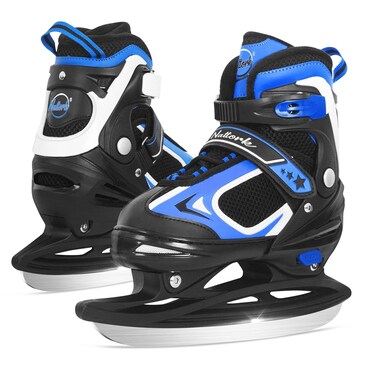 Nattork Adjustable Ice Skates,Ice Skating for Kids, Boys and Girls,Hockey Lace-Up Skates for Outdoor and Rink,Soft Padding and Reinforced Ankle Support with 4 Sizes Adjustments,Blue,L
