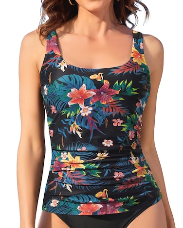 Aqua Eve Tankini Tops for Women Swimwear Top Only Tummy Control Bathing Suit Top No Bottom (Available in Plus) Black and Colorful Flower L