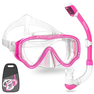 WACOOL Snorkeling Snorkel Diving Scuba Package Set Gear for Kids Youth Junior Anti-Fog Coated Glass with Silicon Mouth Piece Purge Valve and Anti-Splash (Pink)