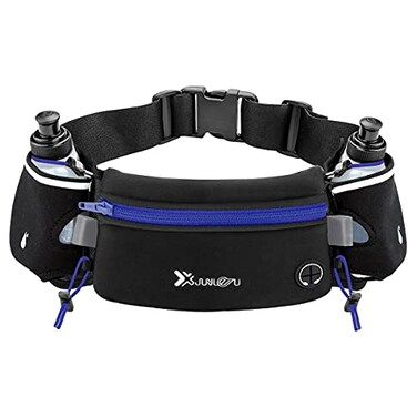 Number-one Running Belt with Water Bottles(2 x 175ML), Hydration Belt Waterproof Waist Pack Bag Fits iPhones Adjustable Sports Waist Pouch for Marathon Running Hiking Cycling,Blue