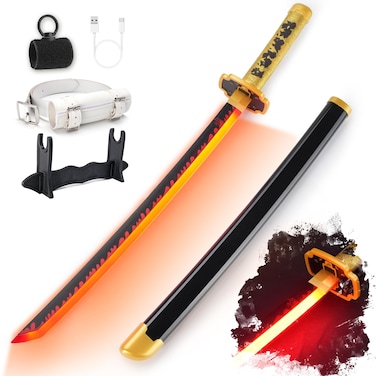 RENGENG Light Up Yoriichi Sword, 30 Inches Rechargeable Pre-Assembled Plastic Replica with Belt &amp; Stand &amp; Spinner, Original Texture Sword