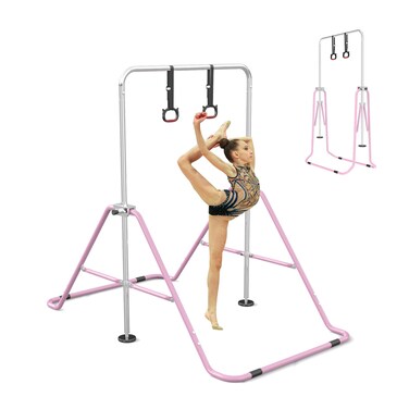 FINCOME Gymnastics Bar for Kids with Gymnastics Rings, Height Adjustable Gymnastics Horizontal Bar, Foldable Bar Gymnastics Equipment for Home Room Indoor Outdoor Gym Practics, Gymnastic Bar Green
