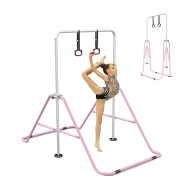 FINCOME Gymnastics Bar for Kids with Gymnastics Rings, Height Adjustable Gymnastics Horizontal Bar, Foldable Bar Gymnastics Equipment for Home Room Indoor Outdoor Gym Practics, Gymnastic Bar Pink