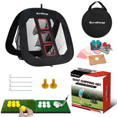 DuraRange Foldable Golf Chipping Net Set - Ultimate Target Training Chip Aids &amp; Golf Gift - Includes 2 Hitting Mats, 6 Real Practice Balls, 6 Foam Balls - Black