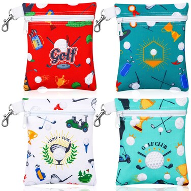 Silkfly 4 Pcs Golf Tee Bag 5.62 x 6.87 Inch Zipper Golf Ball Pouch Golf Tee Holder Golf Pouch with Metal Lobster Claw Clip Golf Gifts Accessories for Men Women Golf Lover Player, 4 Styles(Stylish)