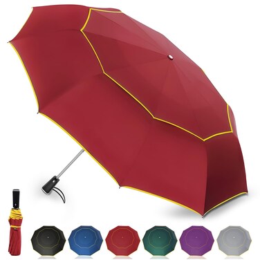 Satol Extra Large Golf Umbrella - Windproof 10 Ribs Vented Double Canopy Reflective Strips Automatic Open/Close UV Protection Lightweight &amp; Compact for Outdoor &amp; Travel (Red)