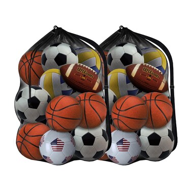 Labreccos Heavy Duty Mesh Ball Bag, Sports Equipment Storage Organizer Hold for Soccer, Basketball, Volleyball,Football, BaseBall and Swimming Gears with Adjustable Strap (Black-2Pack)