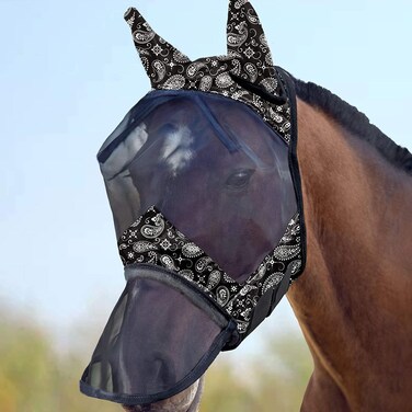 Harrison Howard LumiVista Horse Fly Mask Long Nose with Ears UV Protection for Horse Paisley Wave M Cob