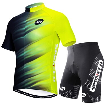 Men Cycling Clothing Set Reflective Biking Jersey with Pockets Polo Cycle Outfit Padding Shorts US L Yellow Black