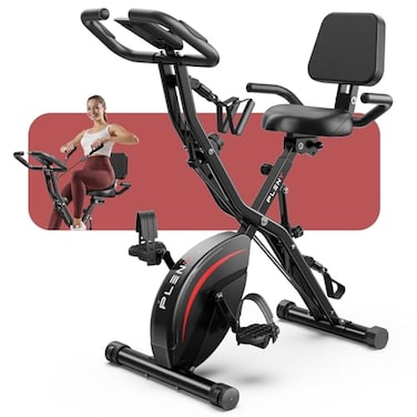 Pleny Folding Exercise Bike, 5 IN 1 Stationary Bike 5.5 LBS Flywheel Exercise Bike, Indoor Workout Bike 330LB Weight Capacity Back Support Cushion for Home Gym Workout, Black-red
