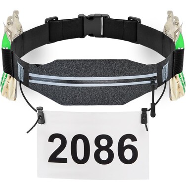 RJ-Sport Triathlon Belt with Pouch - Race Number Bib Holder with 6 Gel Loops, Ideal for Running, Cycling &amp; Marathon (Grey)