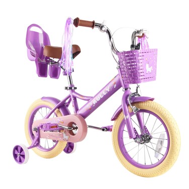 RULLY 14 Inch Kids Bike for 3 4 5 Years Girls with Training Wheels &amp; Front Handbrake, Kids Bicycle with Basket Bike Streamers Toddler Cycle Bikes, Purple