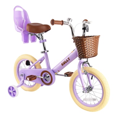 RULLY 16 Inch Girls Bike for 4 5 6 Years Girls with Training Wheels &amp; Basket, Kids Bicycle with Doll Seat &amp; Bell &amp; Handbrake, Children Cycle, Purple
